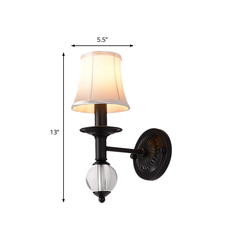 Sikunuo | White Fabric Bell Wall Lamp Contemporary 1 Light Wall Lamp with Crystal Ball and Straight Arm in Black