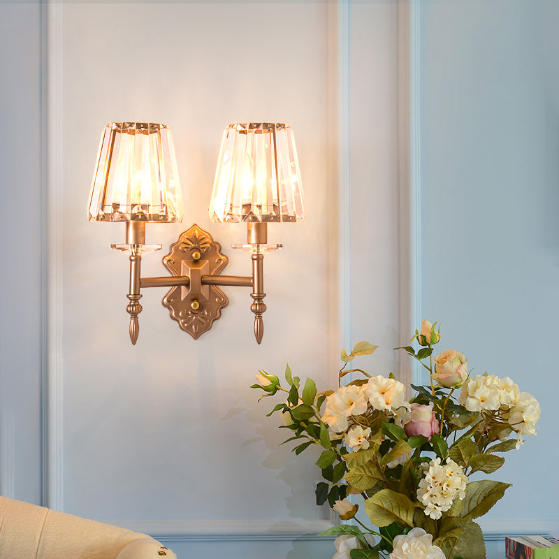 Sikunuo | Faceted Crystal Wall Light with Conical Shade Modernist 1/2-Light Wall Lamp in Copper for Bedroom