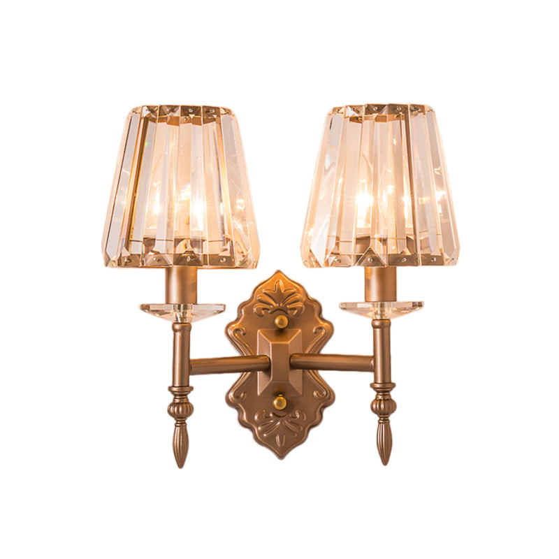 Sikunuo | Faceted Crystal Wall Light with Conical Shade Modernist 1/2-Light Wall Lamp in Copper for Bedroom