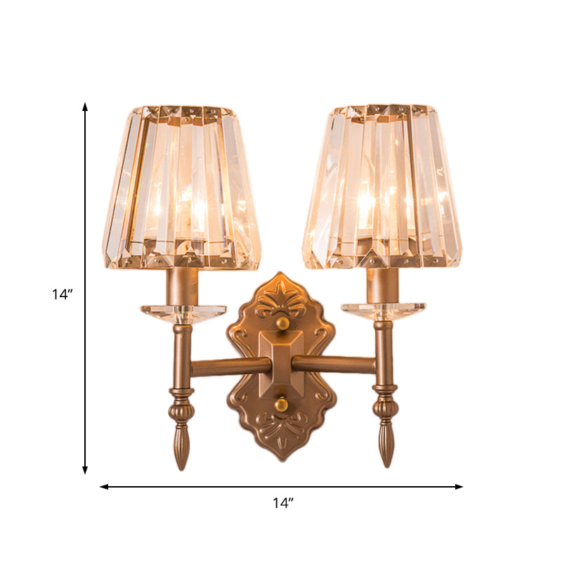 Sikunuo | Faceted Crystal Wall Light with Conical Shade Modernist 1/2-Light Wall Lamp in Copper for Bedroom