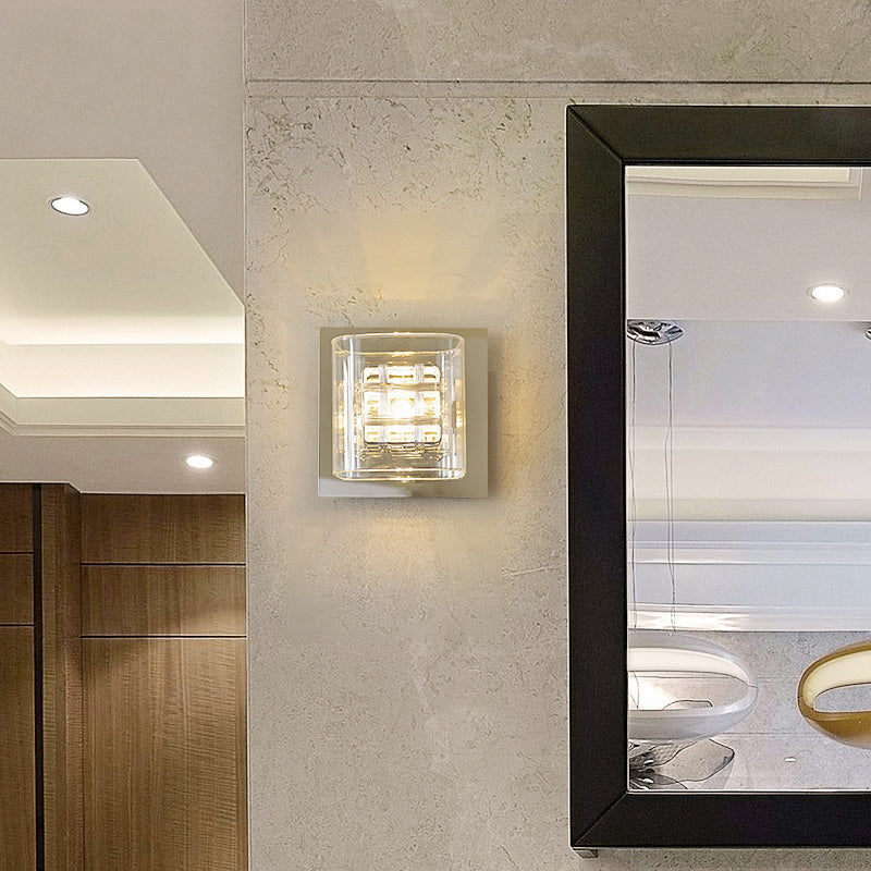 Sikunuo | Clear Glass Square Wall Lamp Contemporary 1 Light Wall Lamp with Inner Wire Shade in Chrome for Hallway
