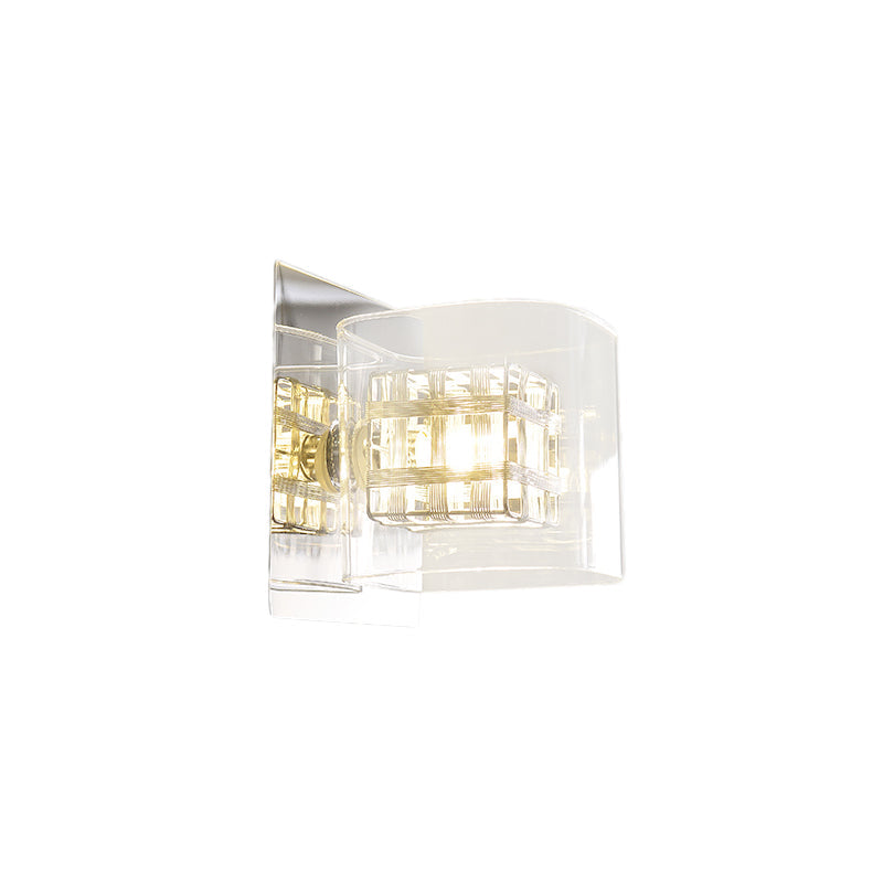 Sikunuo | Clear Glass Square Wall Lamp Contemporary 1 Light Wall Lamp with Inner Wire Shade in Chrome for Hallway