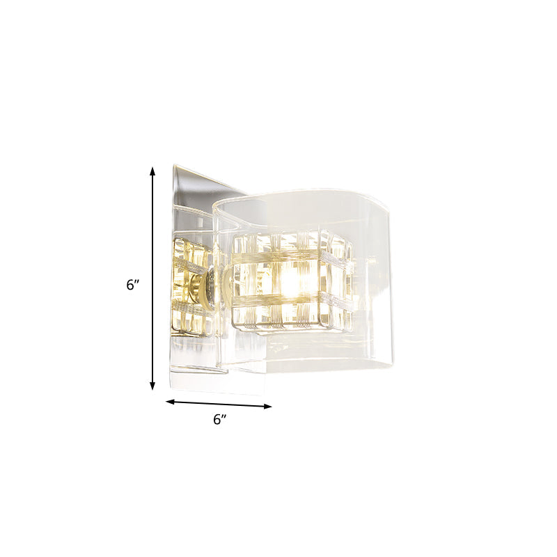 Sikunuo | Clear Glass Square Wall Lamp Contemporary 1 Light Wall Lamp with Inner Wire Shade in Chrome for Hallway