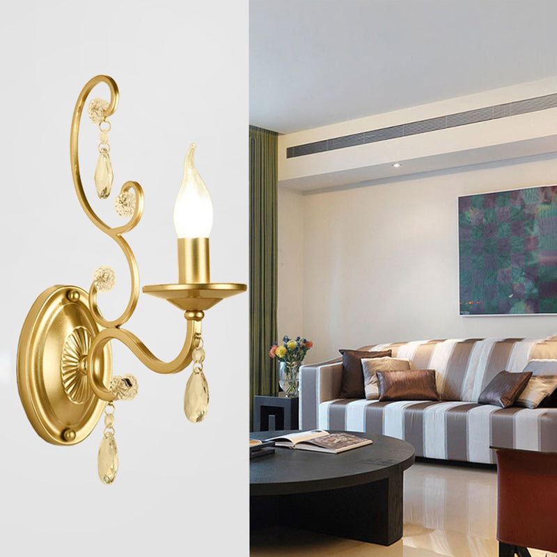 Sikunuo | Curved Arm Wall Light Contemporary Crystal 1/2-Light Wall Mounted Lighting with/without Shade in Brass