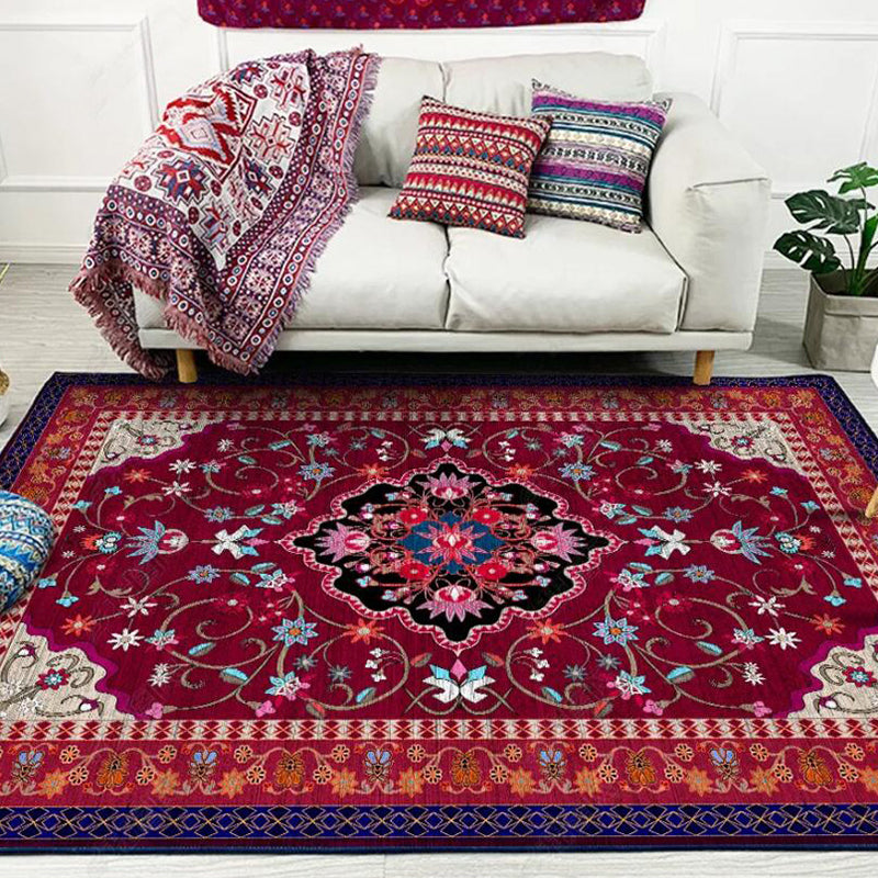 Sikunuo | Moroccan Living Room Rug with Red Medallion Floral Pattern Rug Polyester Non-slip Machine Washable Rug