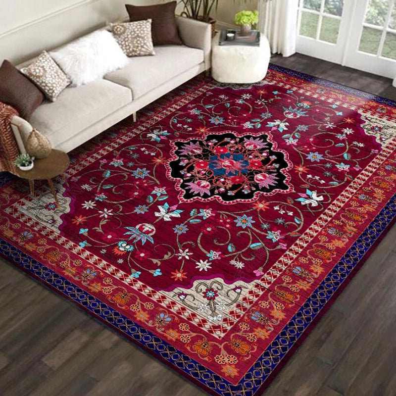 Sikunuo | Moroccan Living Room Rug with Red Medallion Floral Pattern Rug Polyester Non-slip Machine Washable Rug