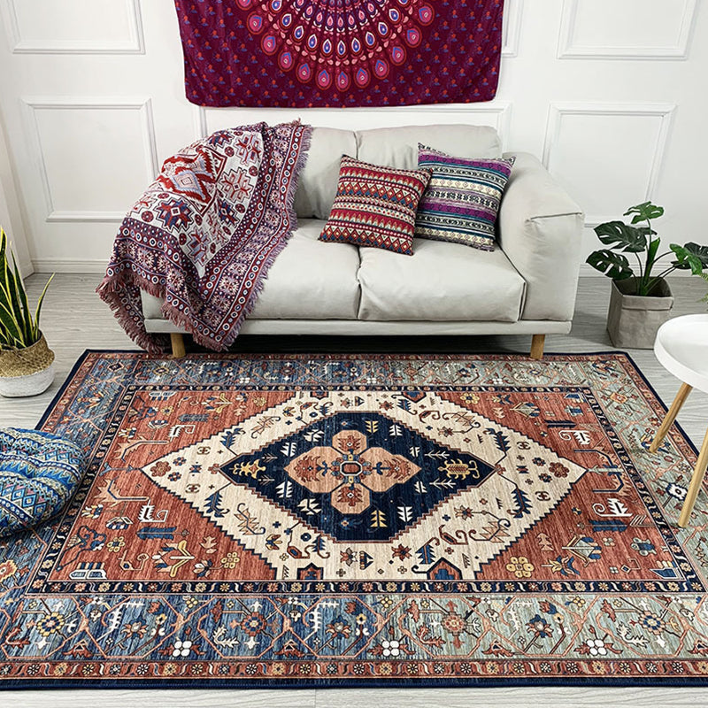 Sikunuo | Moroccan Living Room Rug in Brown Medallion Floral Pattern Carpet Polyester Non-Slip Stain-Resistant Area Rug