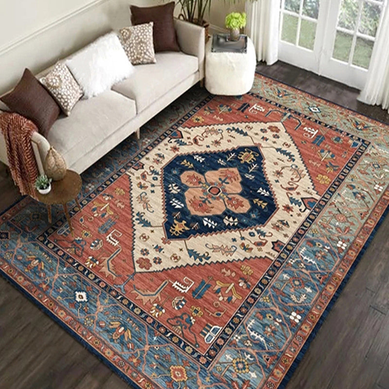 Sikunuo | Moroccan Living Room Rug in Brown Medallion Floral Pattern Carpet Polyester Non-Slip Stain-Resistant Area Rug