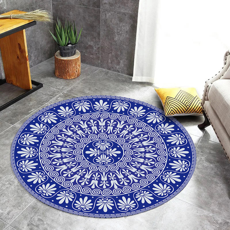 Sikunuo | Blue Mediterranean Rug Flannel Floral Pattern Rug Washable Non-Slip Back Rug for the Living Room