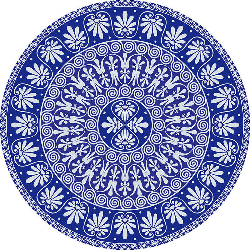 Sikunuo | Blue Mediterranean Rug Flannel Floral Pattern Rug Washable Non-Slip Back Rug for the Living Room