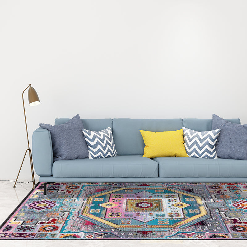 Sikunuo | Mediterranean Moroccan carpet in blue medallion floral pattern carpet polyester non-slip carpet for home decor