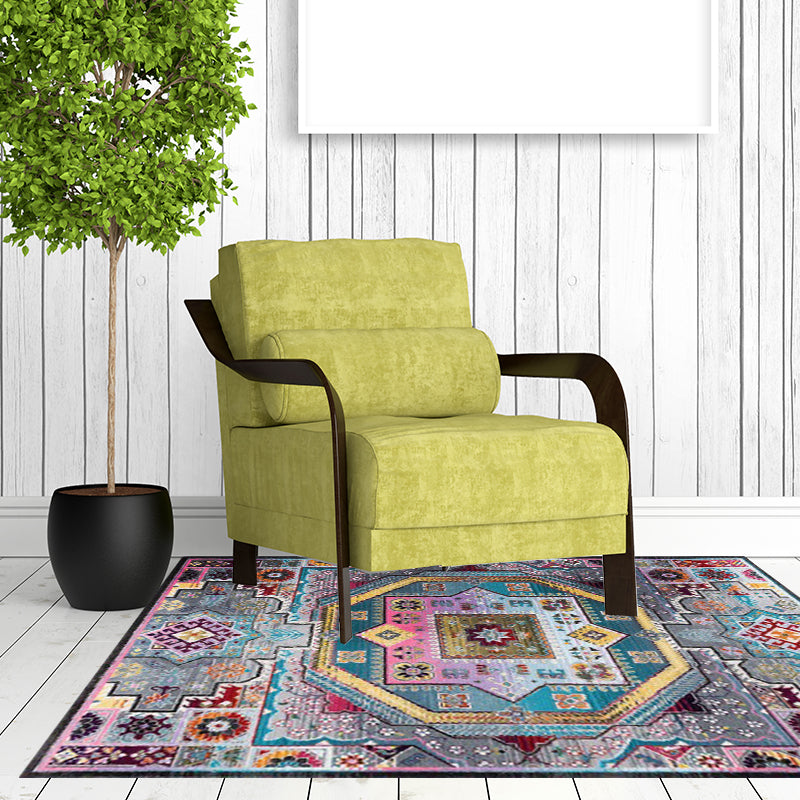 Sikunuo | Mediterranean Moroccan carpet in blue medallion floral pattern carpet polyester non-slip carpet for home decor