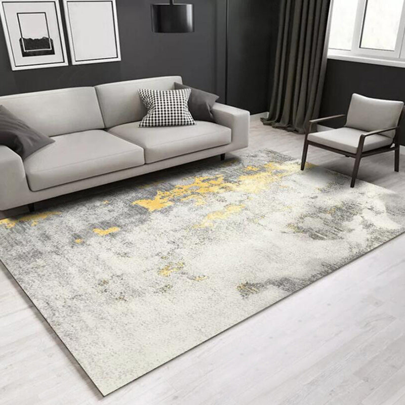 Sikunuo | Stylish Abstract Rug White and Gold Casual Rug Polyester Washable Non-Slip Bottom Carpet for Living Room