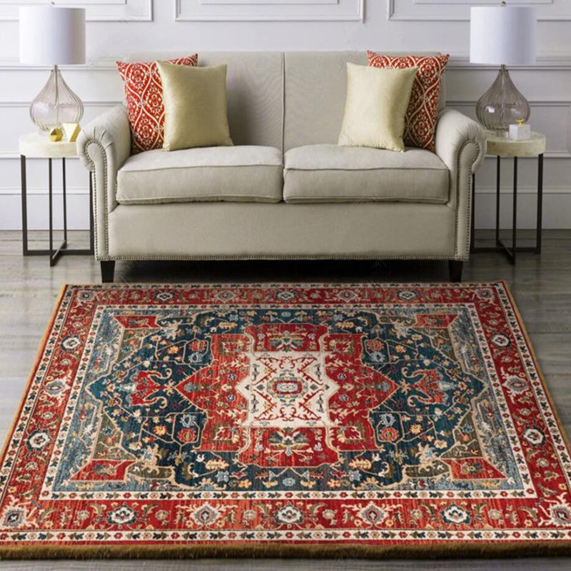 Sikunuo | Oriental Moroccan Carpet in Red Medallion Leaf Flower Pattern Carpet Polyester Washable Non-slip Carpet for Home Decor