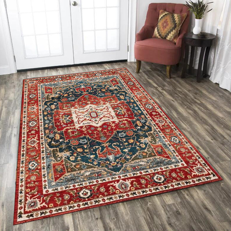 Sikunuo | Oriental Moroccan Carpet in Red Medallion Leaf Flower Pattern Carpet Polyester Washable Non-slip Carpet for Home Decor