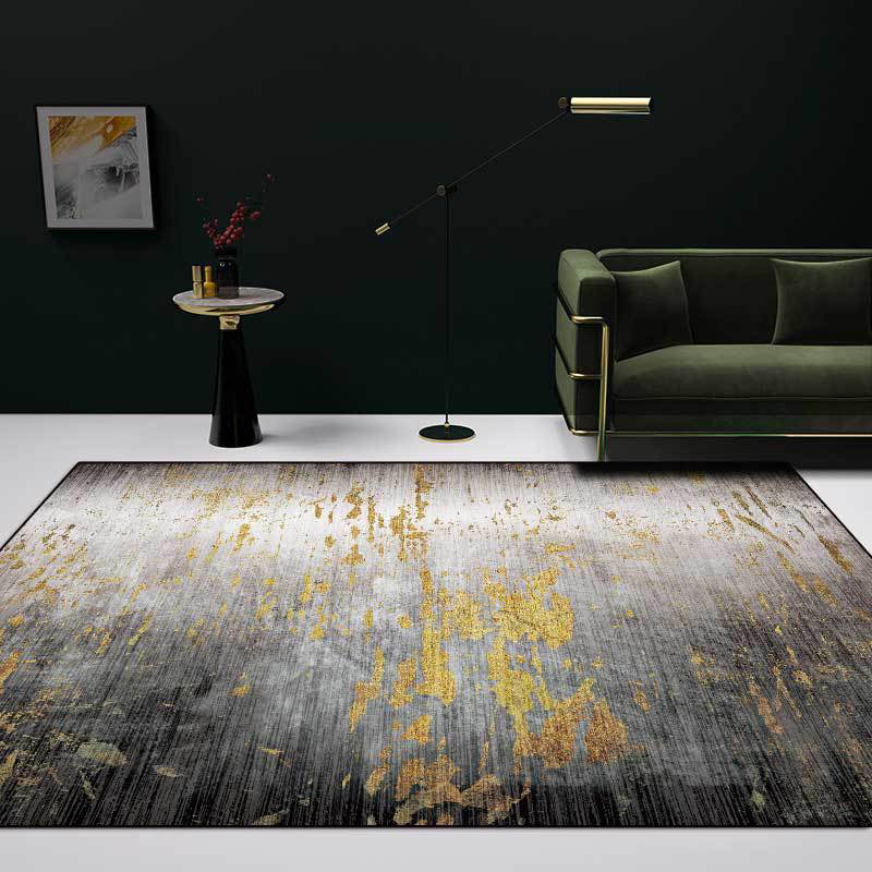 Sikunuo | Creative Abstract Area Rug Black and Gold Contemporary Rug Polyester Washable Non-Slip Back Carpet for Living Room