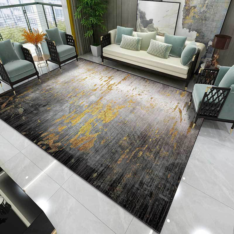 Sikunuo | Creative Abstract Area Rug Black and Gold Contemporary Rug Polyester Washable Non-Slip Back Carpet for Living Room