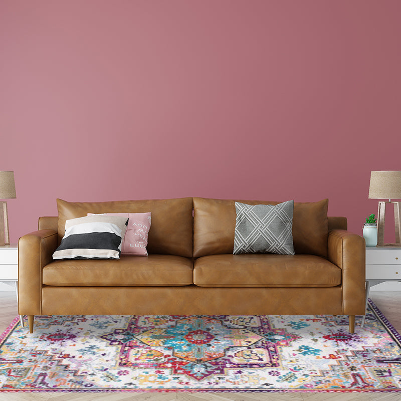 Sikunuo | Oriental Moroccan rug in pink medallion floral pattern rug polyester non-slip washable rug for home decoration