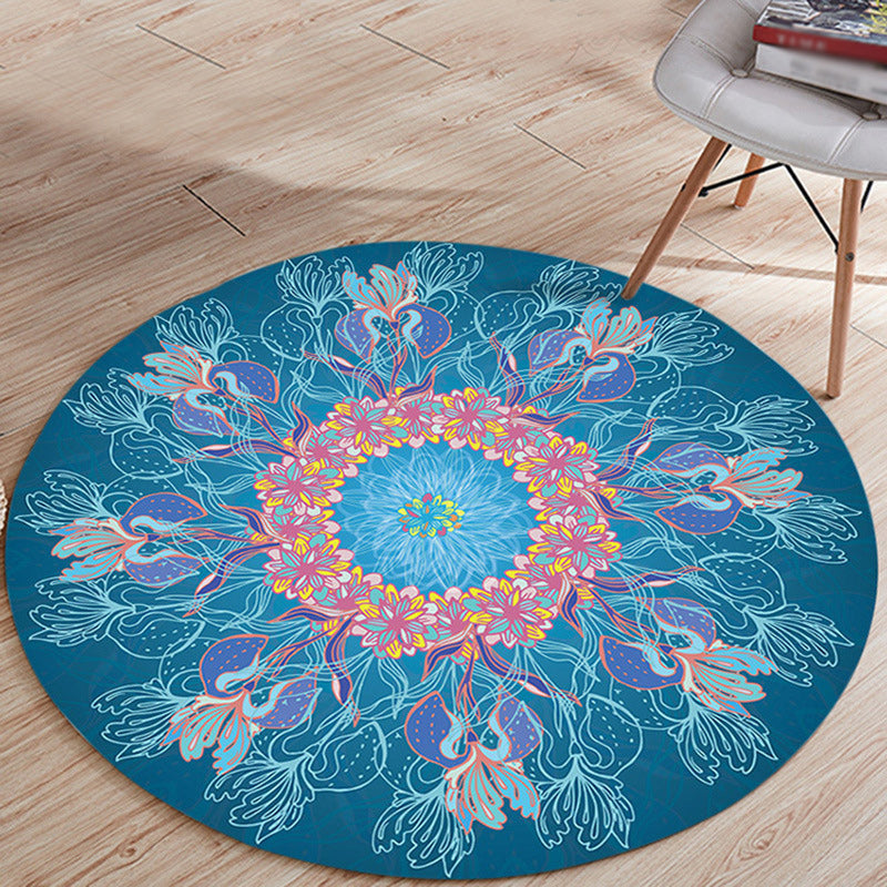 Sikunuo | Mediterranean Botanical Floral Pattern Rug Blue Flannel Rug Machine Washable Non-Slip Rug for Bedroom