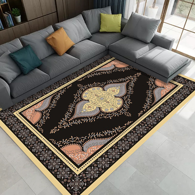 Sikunuo | Persian Moroccan rug in black medallion leaf-shaped flower pattern rug polyester anti-slip rug for home decor