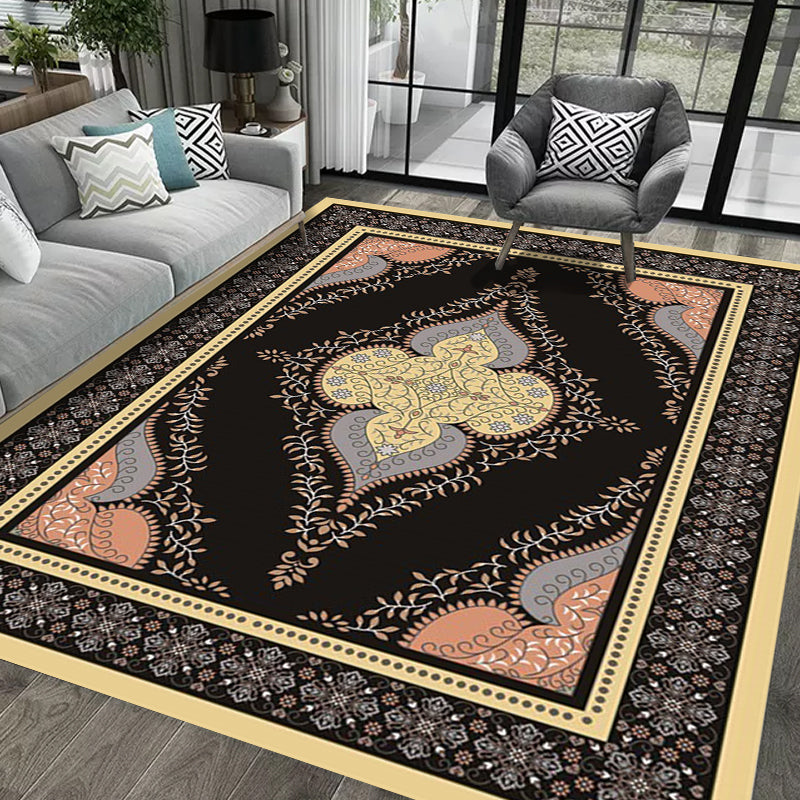 Sikunuo | Persian Moroccan rug in black medallion leaf-shaped flower pattern rug polyester anti-slip rug for home decor