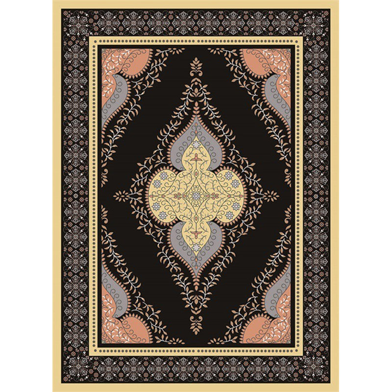Sikunuo | Persian Moroccan rug in black medallion leaf-shaped flower pattern rug polyester anti-slip rug for home decor