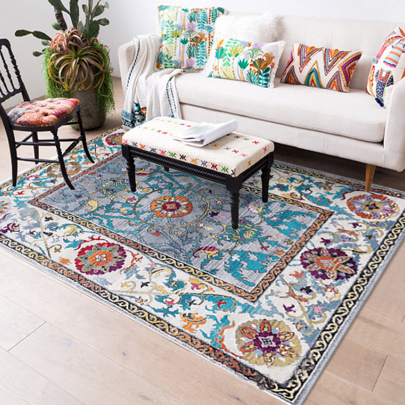 Sikunuo | Blue and Brown Bedroom Rug Moroccan Medallion Floral Vine Pattern Rug Polyester Non-Slip Pet-Friendly Rug