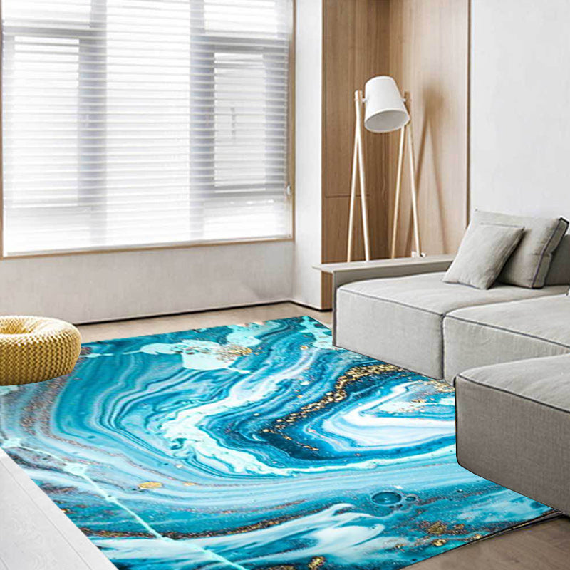 Sikunuo | Funky Marble Pattern Rug Blue Modern Rug Polyester Washable Non-Slip Back Area Rug for Bedroom
