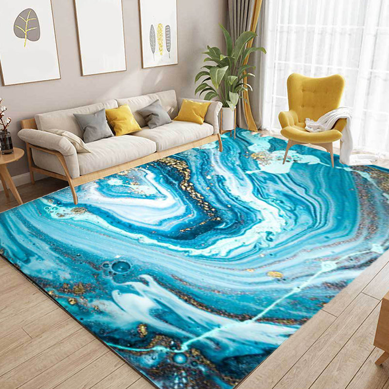 Sikunuo | Funky Marble Pattern Rug Blue Modern Rug Polyester Washable Non-Slip Back Area Rug for Bedroom