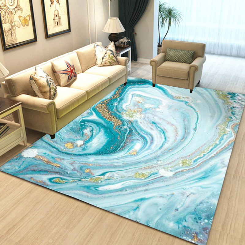 Sikunuo | Funky Marble Pattern Rug Blue Modern Rug Polyester Washable Non-Slip Back Area Rug for Bedroom