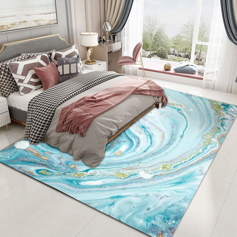 Sikunuo | Funky Marble Pattern Rug Blue Modern Rug Polyester Washable Non-Slip Back Area Rug for Bedroom