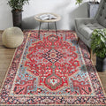 Sikunuo | Red Bedroom Rug Moroccan Medallion Flower Pattern Rug Polyester Pet Friendly Non-Slip Back Rug