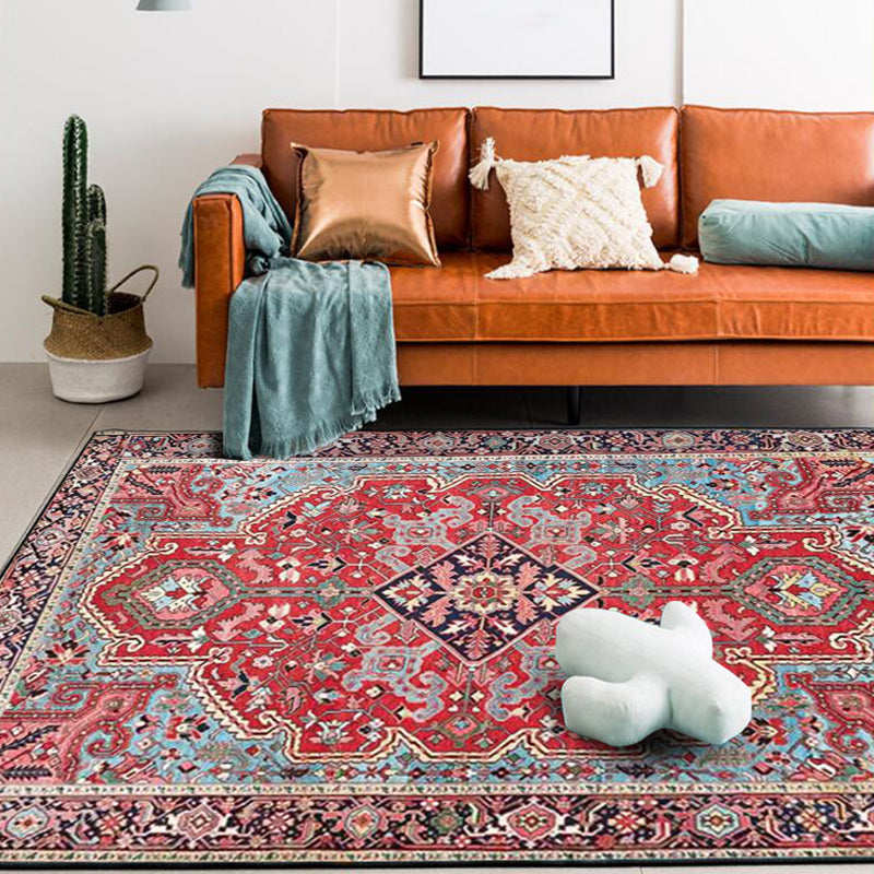 Sikunuo | Red Bedroom Rug Moroccan Medallion Flower Pattern Rug Polyester Pet Friendly Non-Slip Back Rug