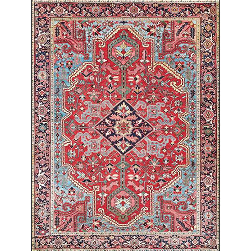 Sikunuo | Red Bedroom Rug Moroccan Medallion Flower Pattern Rug Polyester Pet Friendly Non-Slip Back Rug