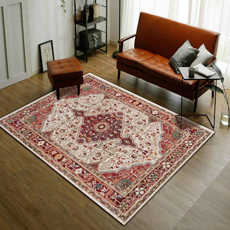 Sikunuo | Moroccan Living Room Rug in Red Medallion Flower Pattern Rug Polyester Non-Slip Pet-Friendly Area Rug