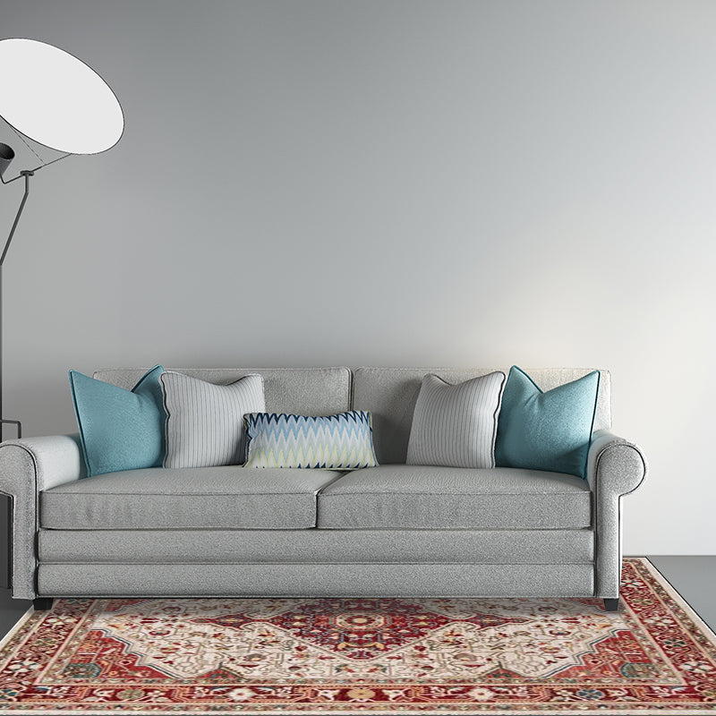Sikunuo | Moroccan Living Room Rug in Red Medallion Flower Pattern Rug Polyester Non-Slip Pet-Friendly Area Rug