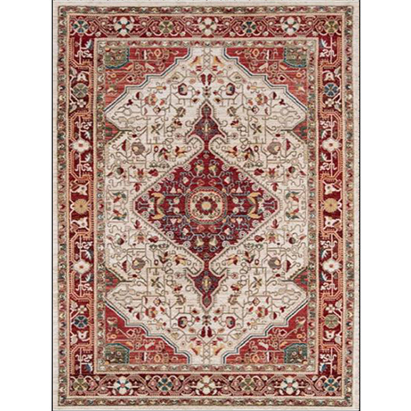 Sikunuo | Moroccan Living Room Rug in Red Medallion Flower Pattern Rug Polyester Non-Slip Pet-Friendly Area Rug