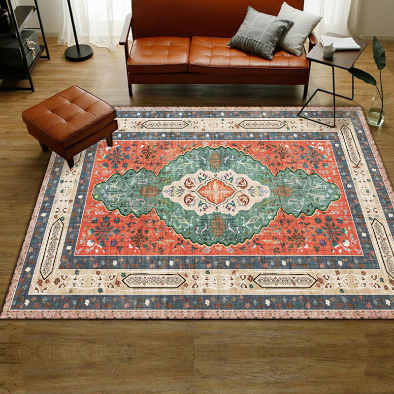 Sikunuo | Persian Moroccan rug with orange medallion flower pattern rug polyester washable non-slip rug for home decor