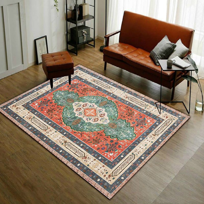 Sikunuo | Persian Moroccan rug with orange medallion flower pattern rug polyester washable non-slip rug for home decor