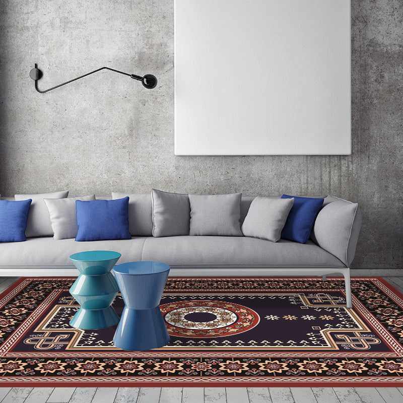 Sikunuo | Moroccan Living Room Rug in Brown Medallion Flower Pattern Carpet Polyester Non-slip Washable Rug