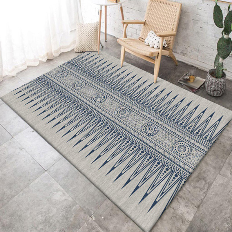Sikunuo | Southwest Living Room Rug in Gray Tribal Triangle Circle Pattern Rug Polyester Non-Slip Pet Friendly Area Rug