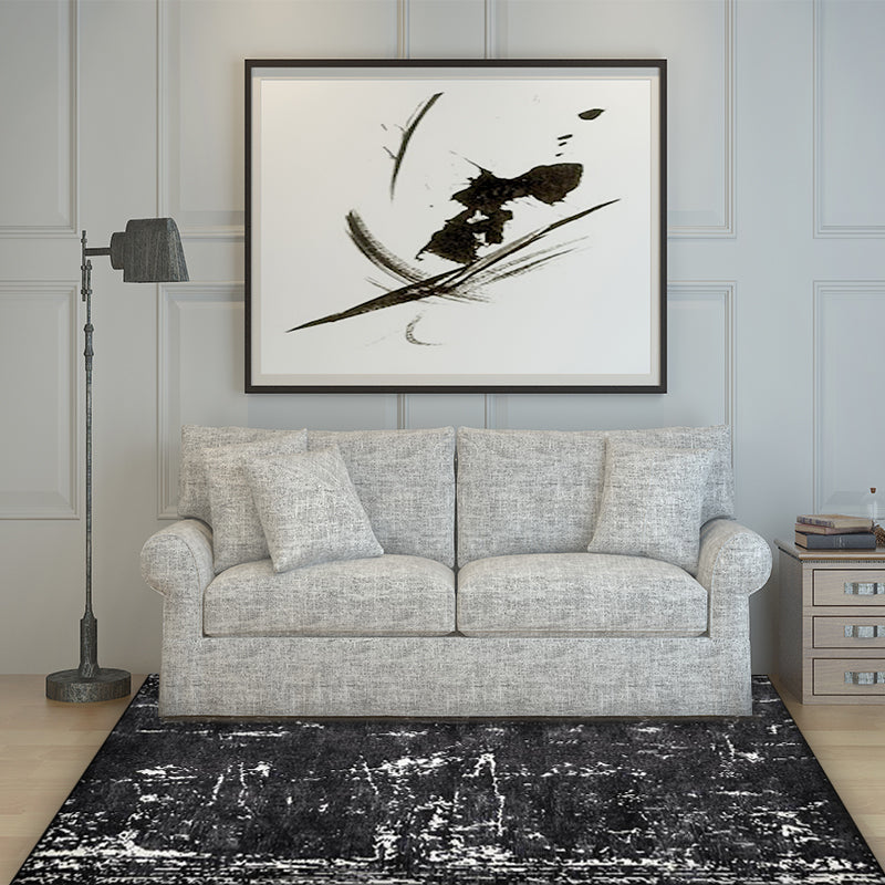 Sikunuo | Black Industrial Floor Rug Polyester Abstract Rug Washable Non-Slip Underlay Flooring for Living Room