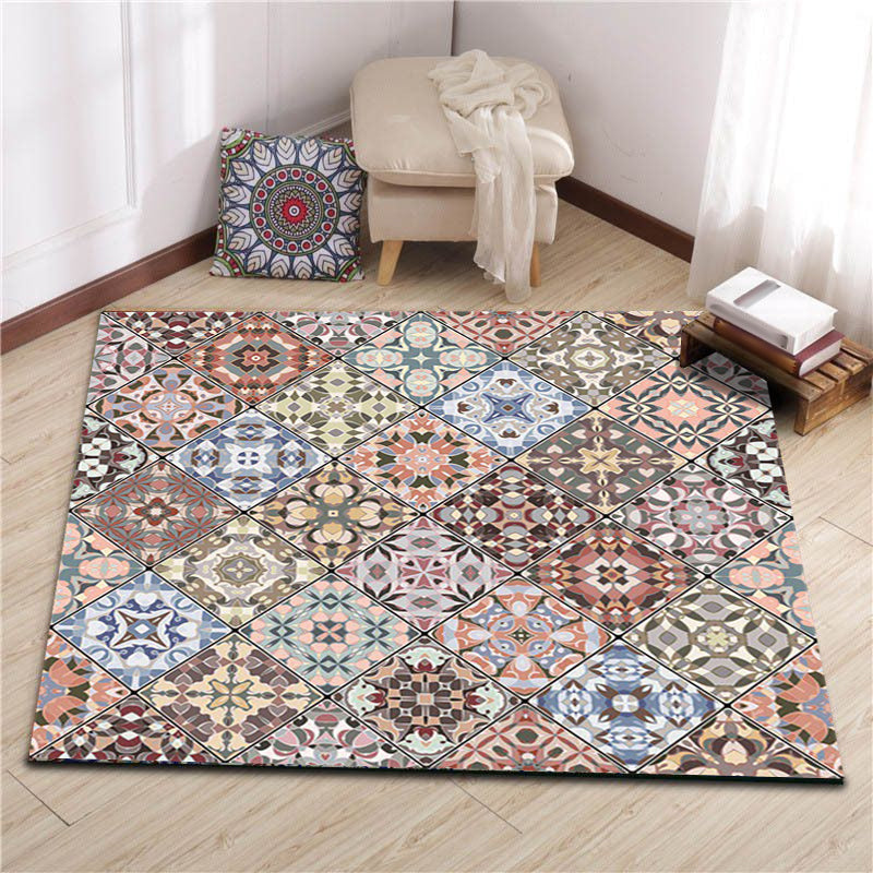 Sikunuo | American Moroccan carpet in pink diamond geometric floral pattern carpet polyester non-slip carpet for home decor