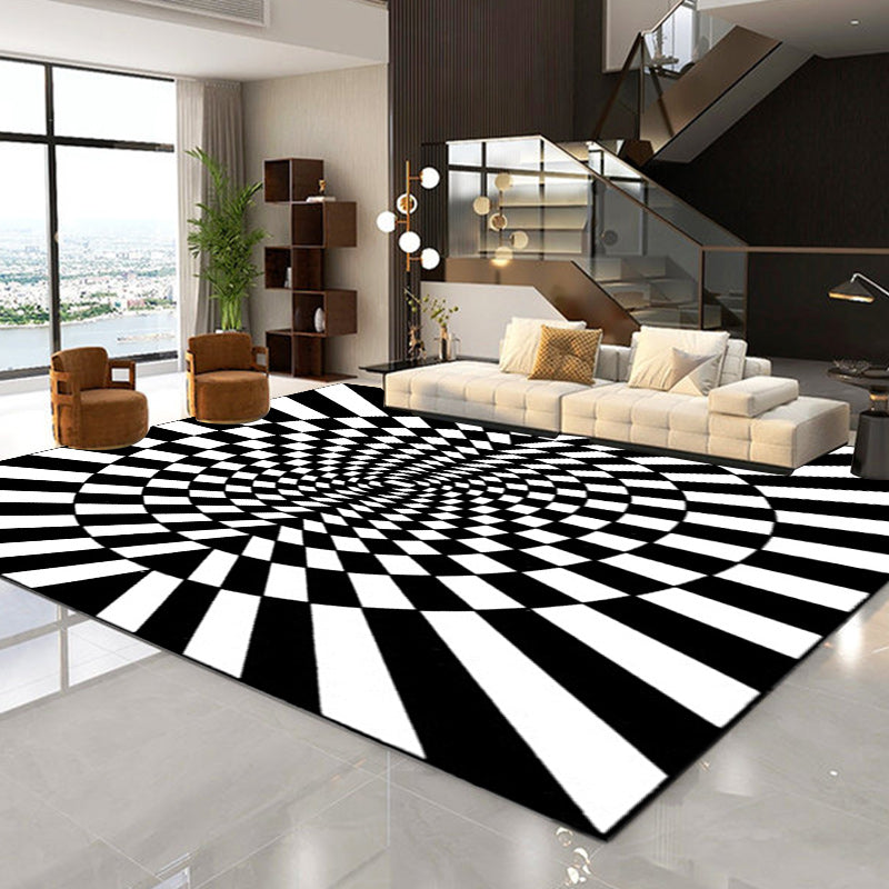 Sikunuo | Novelty Living Room Rug in Black and White 3D Circle Stripe Pattern Rug Polyester Pet-Friendly Washable Rug