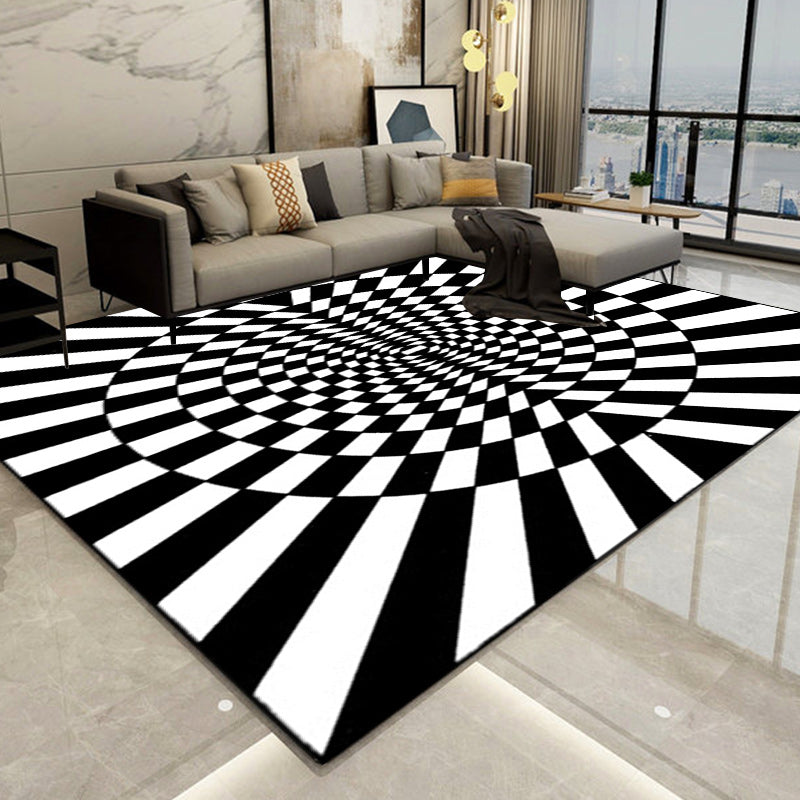 Sikunuo | Novelty Living Room Rug in Black and White 3D Circle Stripe Pattern Rug Polyester Pet-Friendly Washable Rug