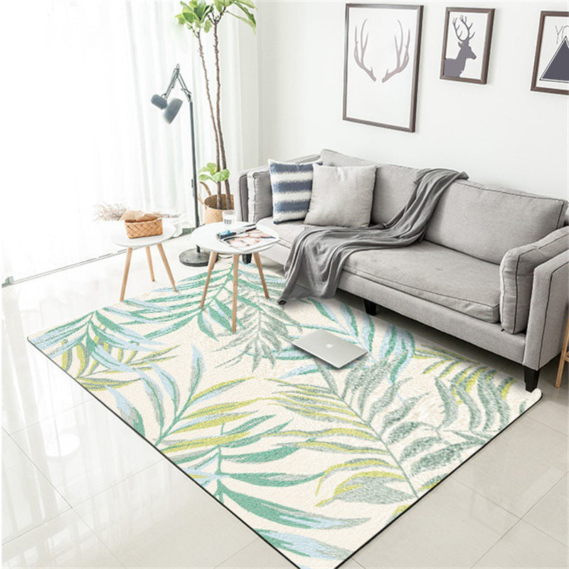 Sikunuo | Tropical Botanical Pattern Carpet with Leaf White and Yellow Polyester Carpet Machine Washable Non-Slip Carpet for the Bedroom