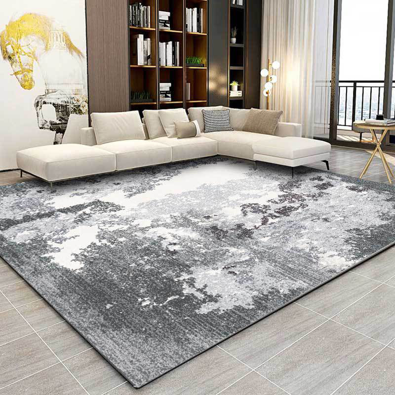 Sikunuo | Gray and white contemporary carpet polyester abstract rug washable non-slip backing rug for the living room