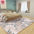 Sikunuo | Washed white floral patterned carpet with leaf pink shabby chic carpet washable polyester non-slip backing doormat for bedroom