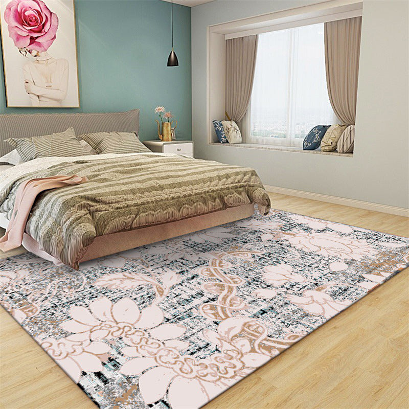 Sikunuo | Washed white floral patterned carpet with leaf pink shabby chic carpet washable polyester non-slip backing doormat for bedroom