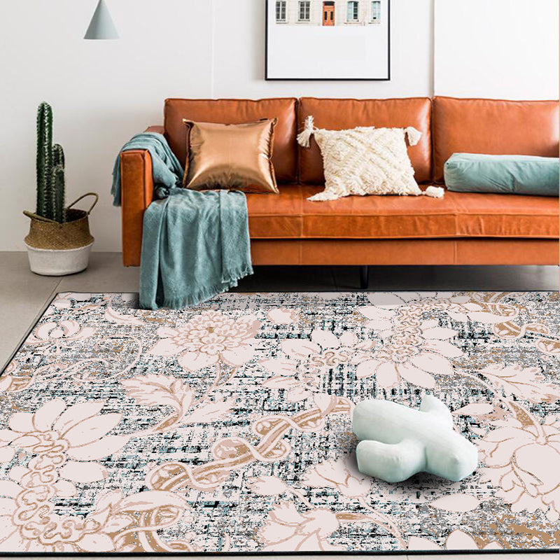 Sikunuo | Washed white floral patterned carpet with leaf pink shabby chic carpet washable polyester non-slip backing doormat for bedroom